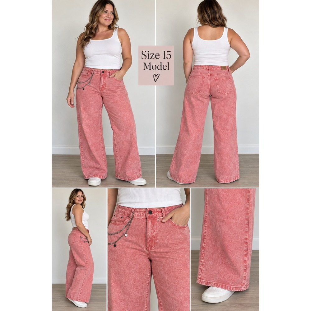 Weekend Gypsy Pink Acid Wash Wide Leg Jeans Mid Rise With Chain Size 15 NWT